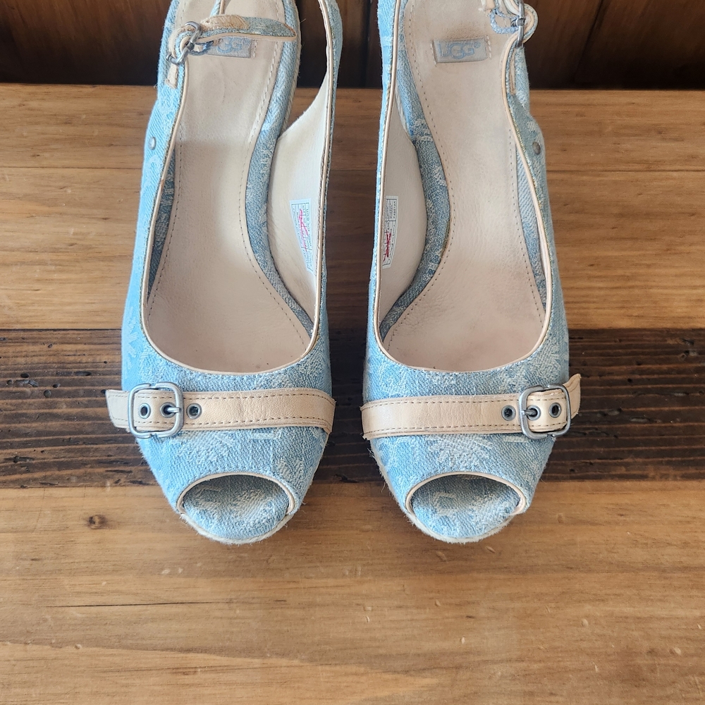 UGG Light Blue Peep-Toe Heels with Tan Accents